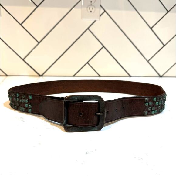Vintage Brown leather metal turquoise patina studded belt size 34-38” western